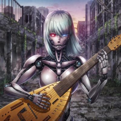 The primary subject of the image is a woman with a guitar, who appears to be a robot or a cyborg. She is holding the guitar in a way that suggests she is playing it. The setting is a dark, possibly post-apocalyptic environment, with a backdrop of a building. The visual style is a combination of digital art and illustration, creating a unique and intriguing scene. The colors in the image are predominantly dark, with some hints of red, which adds to the overall mood of the